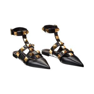 Valentino Roman Stud Leather Ankle Strap Flat (Authentic Pre-Loved), Black